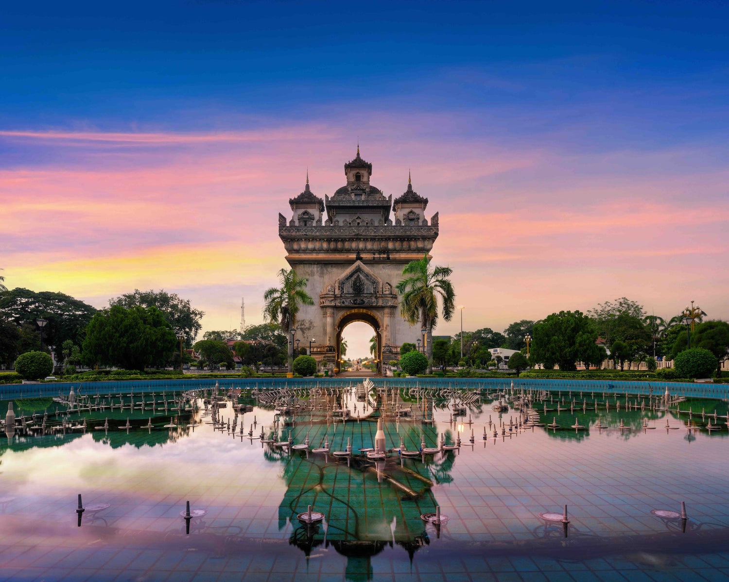 Patuxai at twilight in Vientiane, Laos.