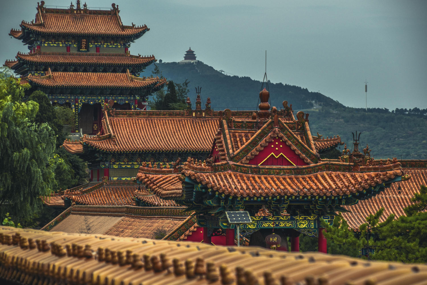 Traditional Chinese architecture with intricate roof designs and greenery in the background