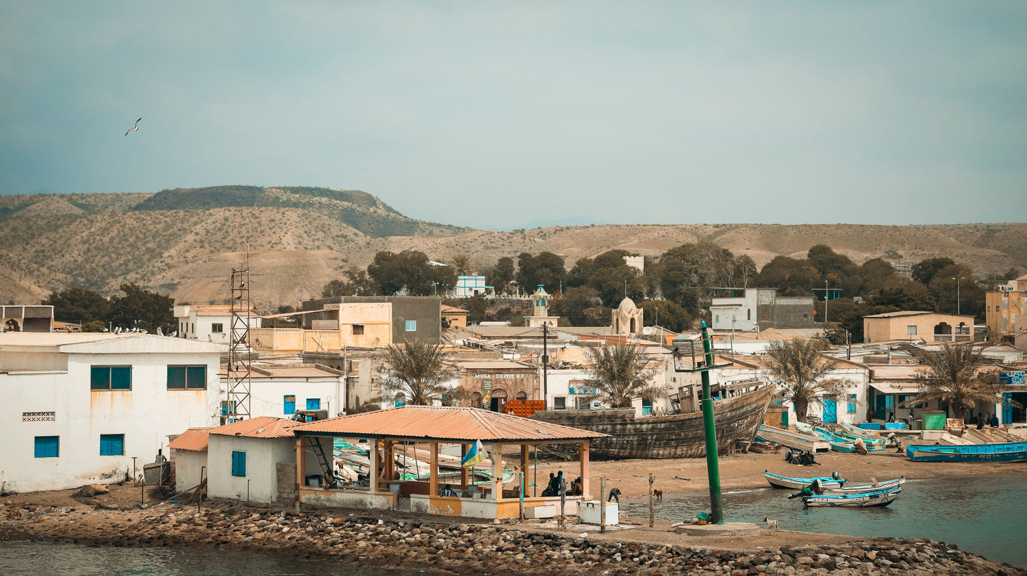 A coastal village scene in Djibouti with white and beige buildings, blue window accents, a small covered market structure, boats on the water, and dry hills in the background under a pale sky.