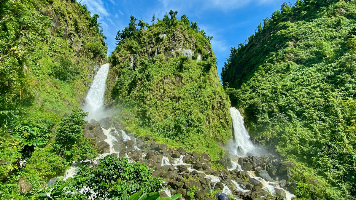 A lush tropical landscape with two tall green cliffs covered in dense vegetation, each featuring a waterfall cascading down into rocky pools under a blue sky.