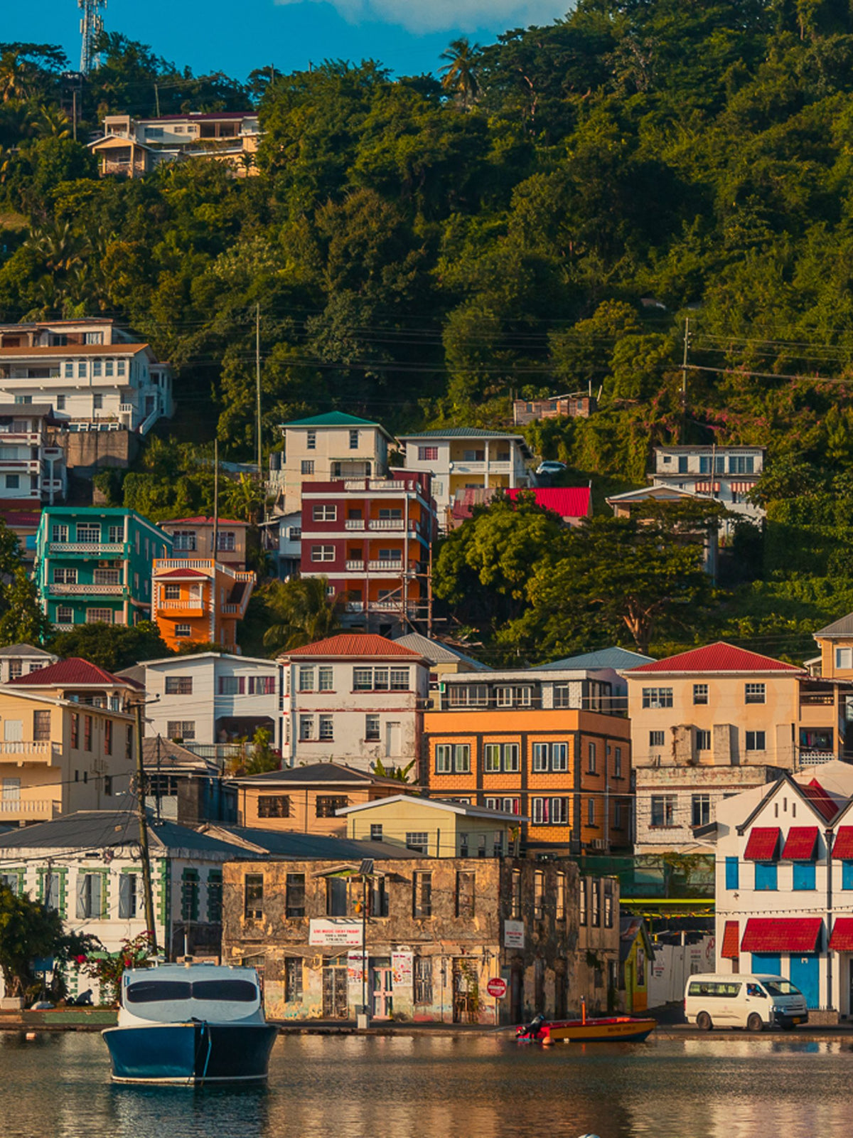 Picture of colourful buildings on a waterfront with greenery in the background.
