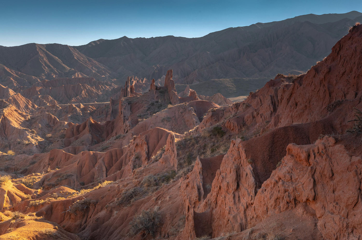 Desert landscape in Kyrgyzstan with red rock formations and mountains in the background