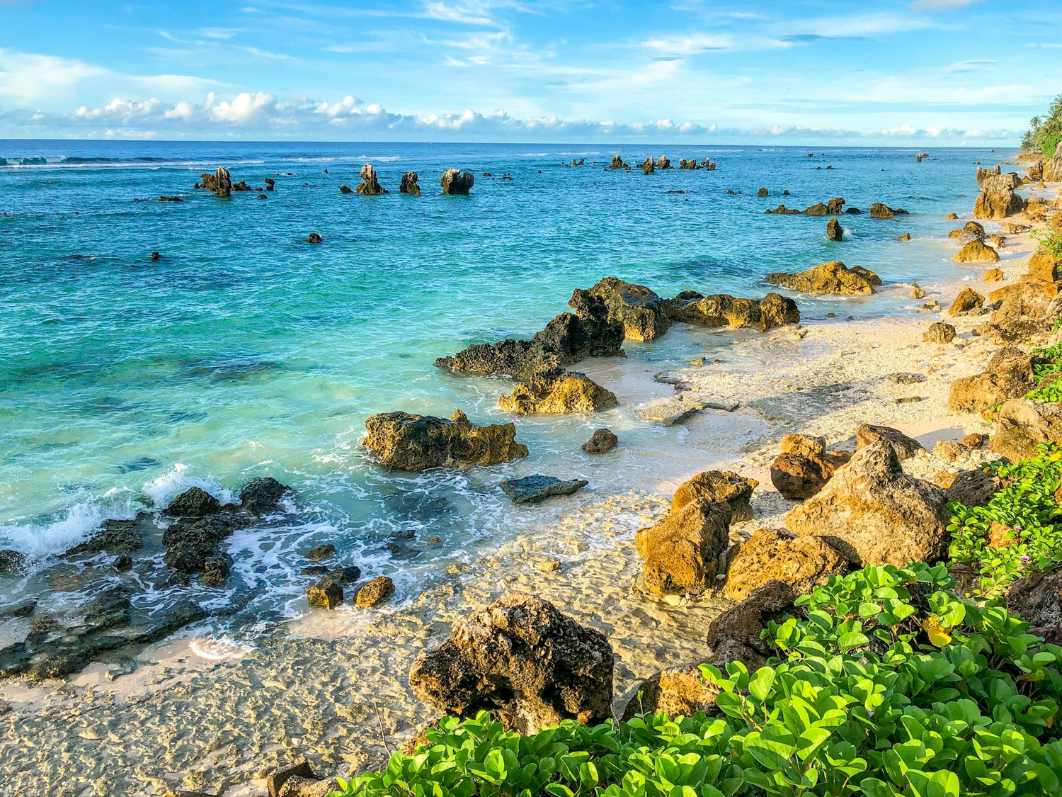 Picture of a rocky shoreline in Nauru with green foliage and a cloudy sky