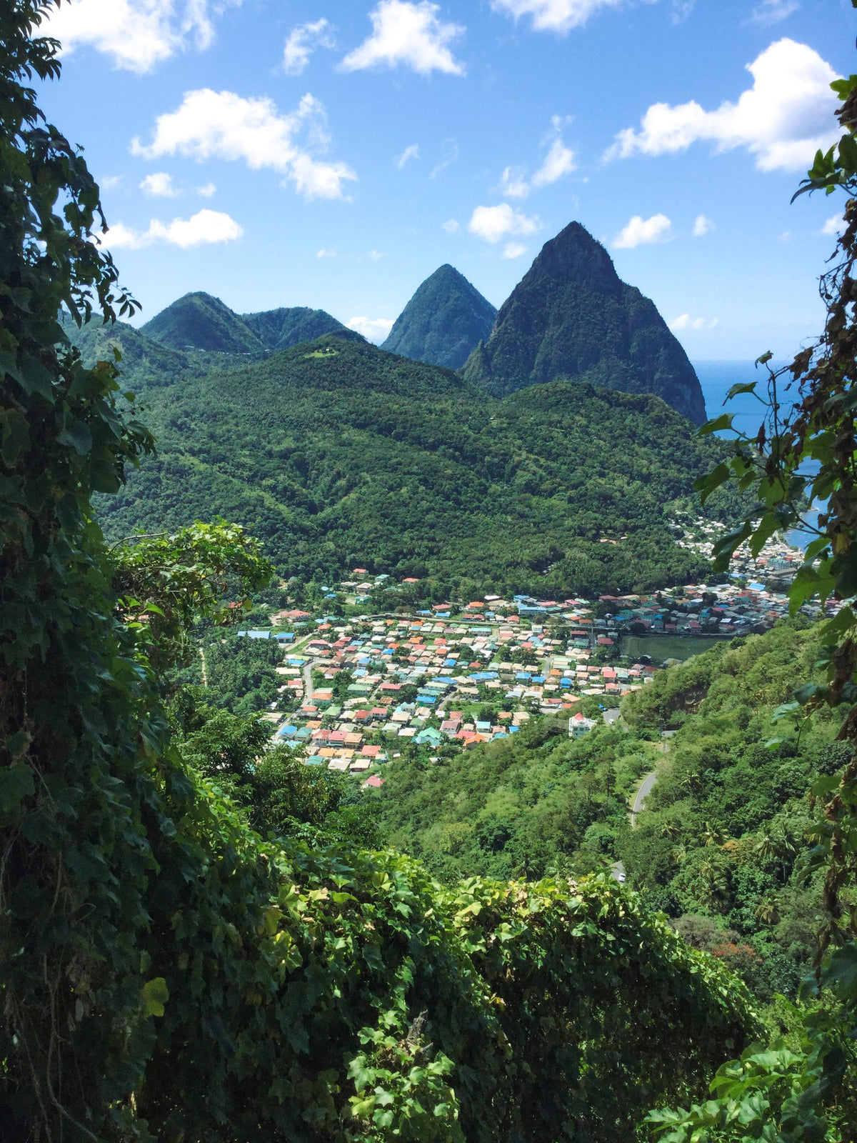Picture of Saint Lucia with lush greenery in the foreground, a view above a town with green mountains and a coast in the background.