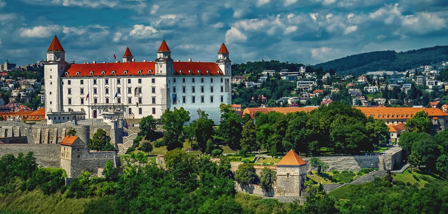 Castle with red roofs surrounded by greenery and buildings under a blue sky in Slovakia.