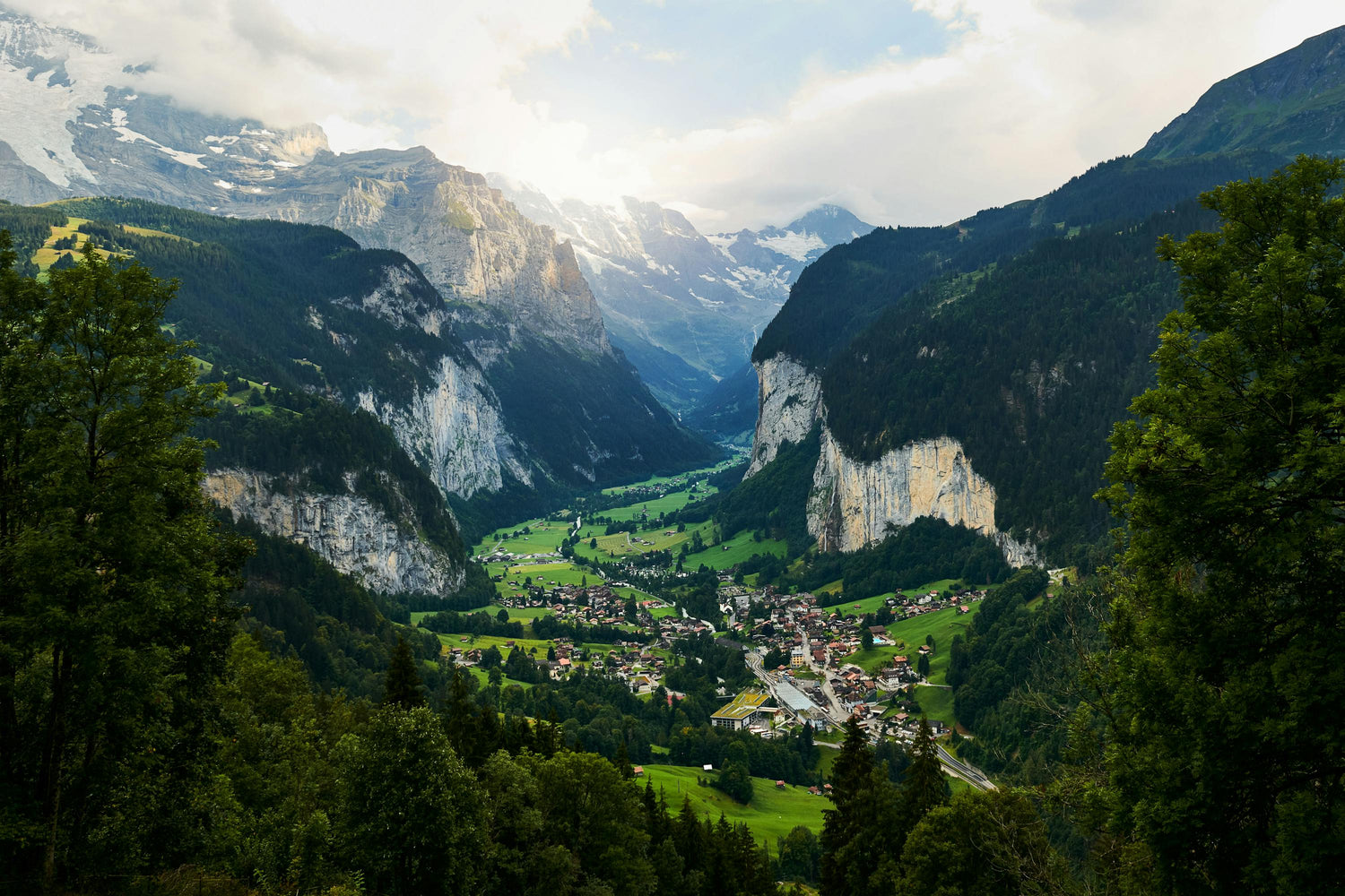 Valley town in Switzerland nestled between mountains