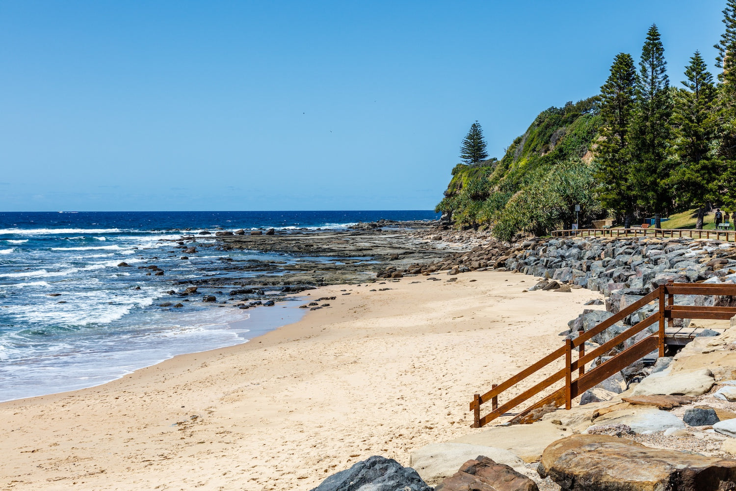 Wooden stairs to Moffat Beach, Sunshine Coast, Queensland, Australia.
